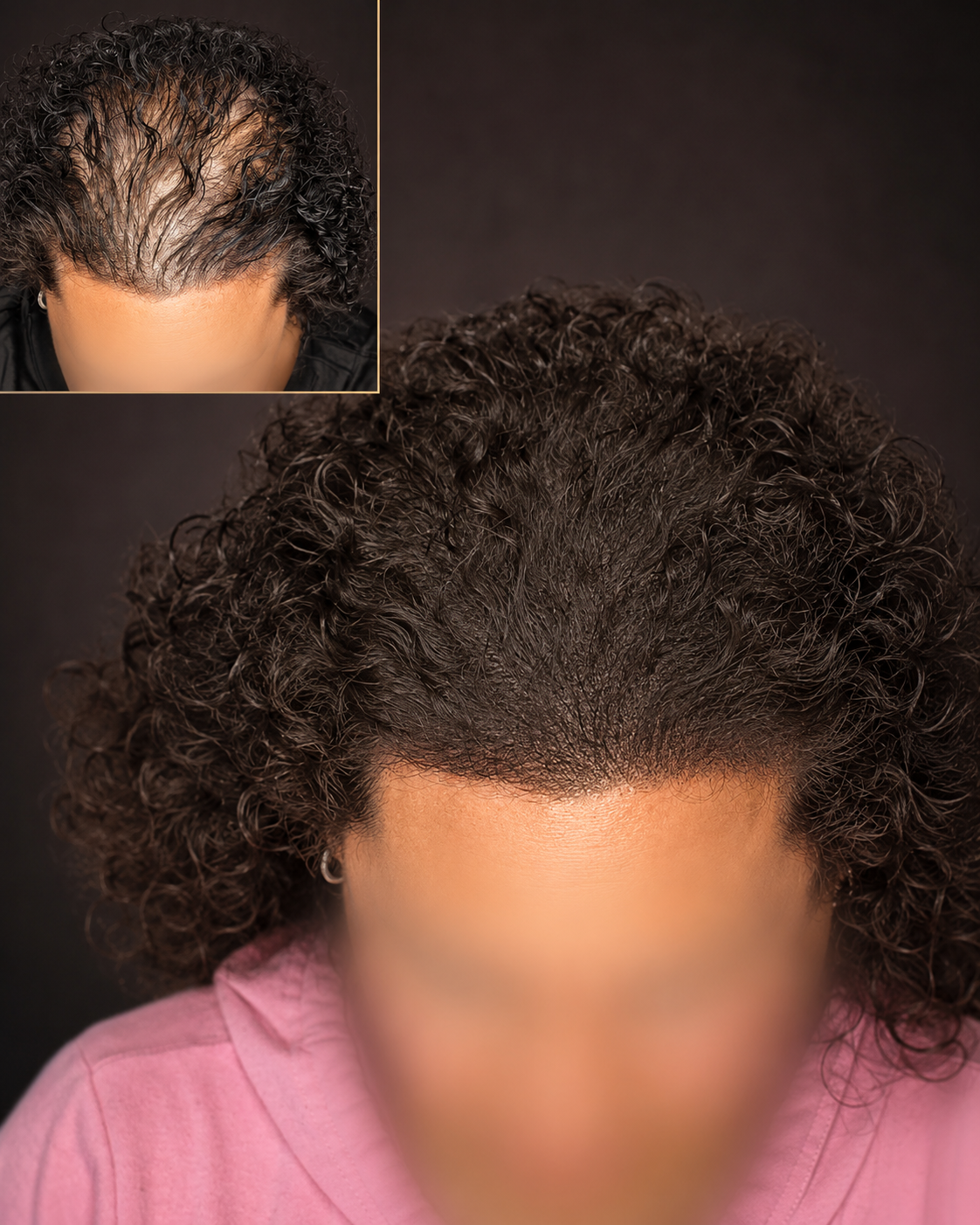 Before and after scalp micropigmentation adding density to a woman's thinning hairline